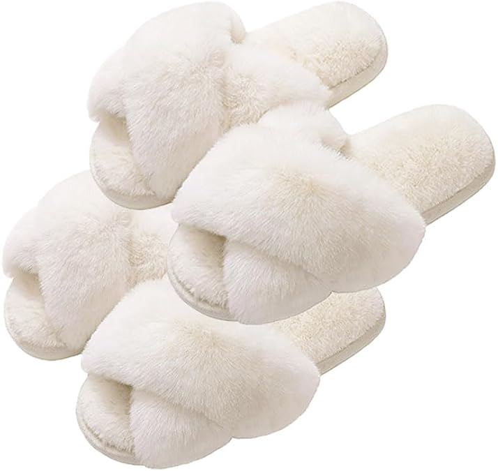 Evshine 2Pairs 4Pairs Memory Foam Fuzzy House Slippers for Women | 2Pairs 4Pairs Faux Fur Cross Band Open Toe Indoor Slippers, Gifts for Women, Moms and Bridesmaids