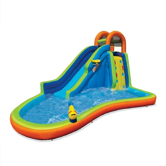 BANZAI Big Blast Water Park, Length: 14 ft 5 in, Width: 10 ft 7 in, Height: 7 ft 11 in, Inflatable Outdoor Backyard Water Slide Splash Bounce Climbing Toy,Blue/Orange