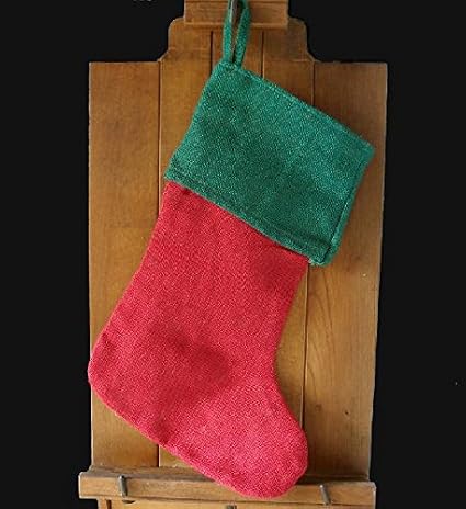 AK-Trading Burlap Jute Red & Green Holidays Christmas Stockings - Pack of 3 - Red Burlap Stocking with Green Cuff (8" x 17"H x 12" Foot)