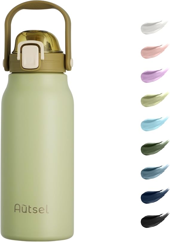 1.7L Stainless Steel Water Bottle with Straw, Large Metal Flask with Handle
