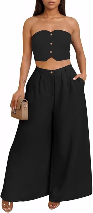 2 Piece Sets for Women Summer Strapless Crop Top High Waist Wide Leg Pants Matching Outfits