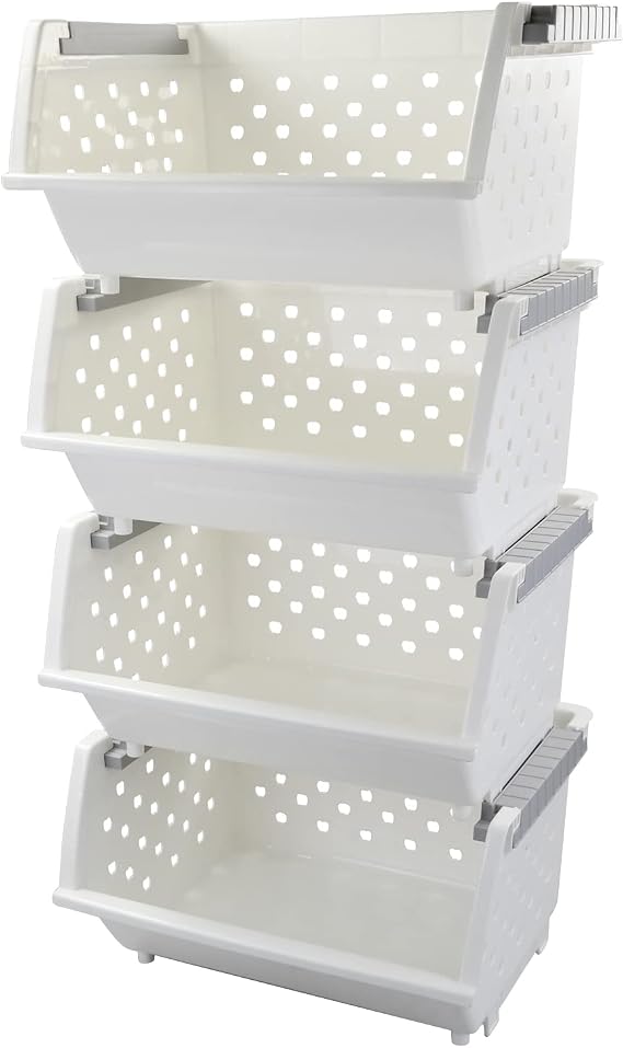 4-Pack Plastic Stackable Storage Basket Organizer, Multi-functional Stacking Basket Bins, White