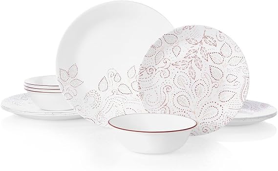 Corelle Leaf Stitch 12-piece Dinnerware Set Service for 4 red