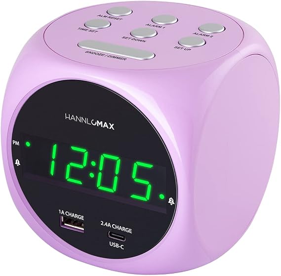 HANNLOMAX HX-702C Digital Clock with Dual USB Ports for Charging (Pink) | Dual Alarm, 0.7 Green LED Display, USB Type-C Port and USB-A Port for Charging, AC/DC Adapter
