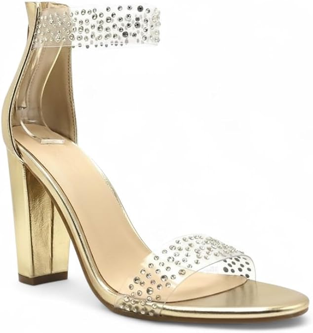 BAMBOO Women's Rhinestone Chunky Heel Ankle Strap Sandals