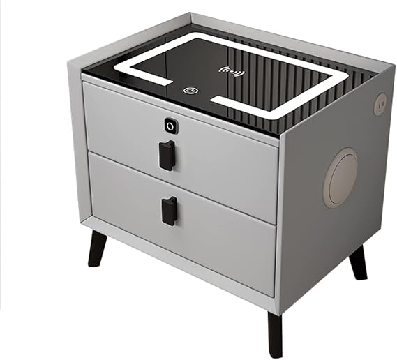 Modern bedside table, smart bedside table, simple side table, with wireless charging, bluetooth speaker, led light, fingerprint lock, usb socket, suitable for bedroom, living room, hotel ( Color : Lig