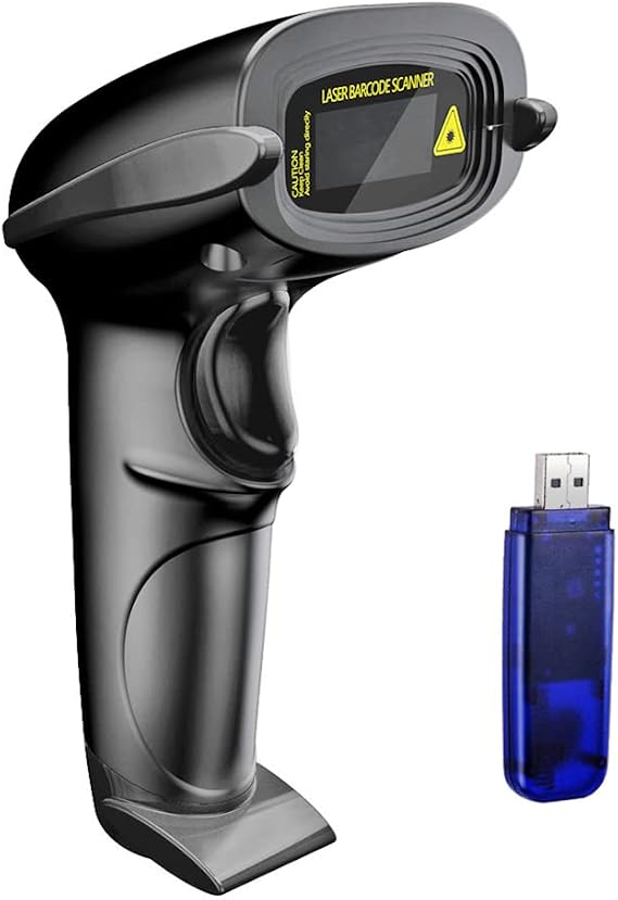NADAMOO Wireless Barcode Scanner 328 Feet Transmission Distance USB Cordless 1D Laser Automatic Barcode Reader Handhold Bar Code Scanner with USB Receiver for Store, Supermarket, Warehouse - Black