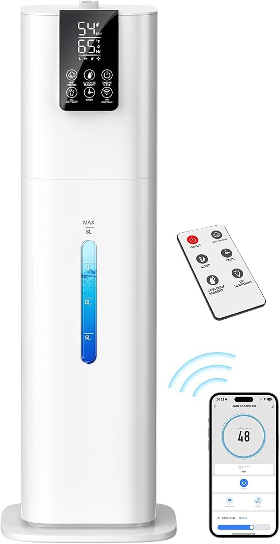 Smart Humidifiers Large Room Bedroom Home,2.11Gal(8L) Quiet Top Fill Cool Mist Humidifier,Smart App & Remote Control, 3 Speed Humidifier with 360Nozzle,Humidity Setting for Baby Office Plant(White)