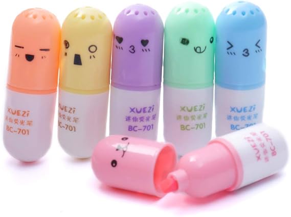6 x Cute Smiling Face Pill Pocket Highlighter Pens Stationery School Office Supplies Perfect for Coloring, Underlining, Highlighting, Broad and Fine Tips