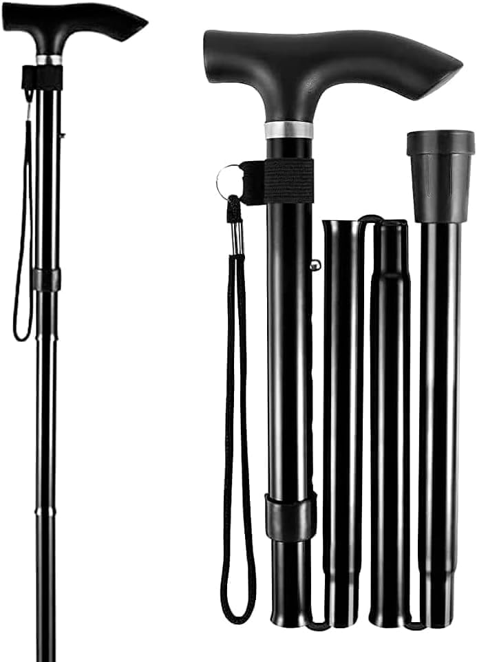 Folding Walking Stick With Strap Ergonomic Handle Balanced Foldable Cane For Women Men Seniors Collapsible Walking Stick Adjustable Extendable Folding Cane Mobility Aids Lightweight