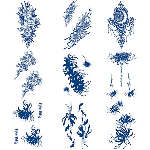 Natural Gardenia Juice Pigment Long Lasting Semi-permanent Temporary Tattoo Stickers for Women,Waterproof Navy Blue Fake Body Sleeve Art Tattoo Stickers 4.3x7.19Sheets Set10
