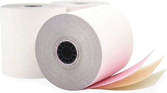 (10 Rolls - 60 GSM) 3 ply carbonless Paper Rolls Receipt Rolls, Paper, 3" x 65' x 7/16" Core, three 3 Ply White/Canary/Pink PMC07638 - BuyRegisterRolls