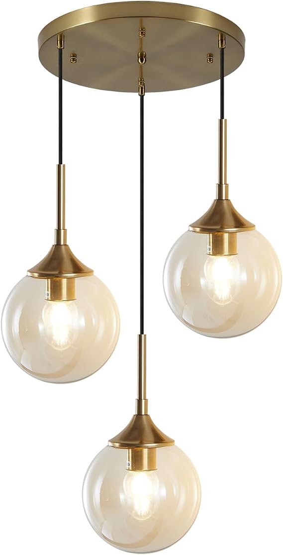 KCO Lighting 3 Light Globe Chandelier Bushed Gold Cluster Pendant Light 7 Amber Glass Pendant Light Large Kitchen Island Pendant Lighting