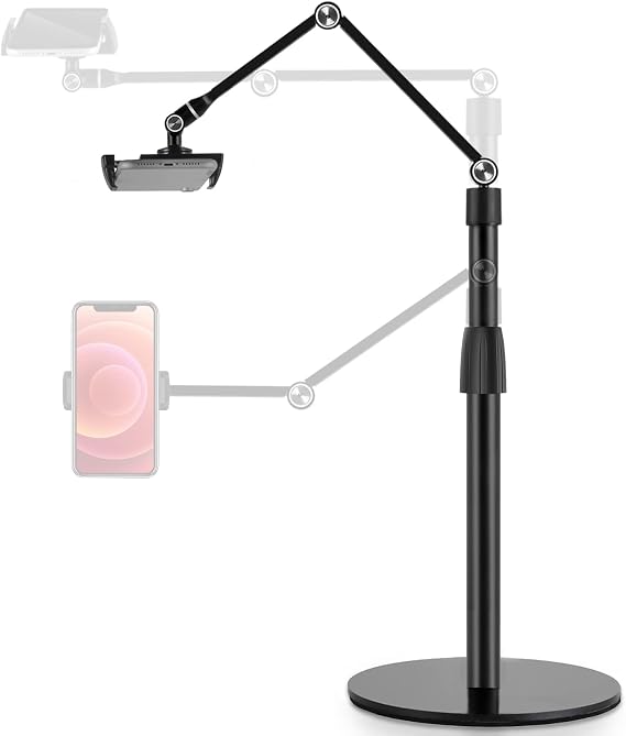 Viozon Tablet Phone Overhead Stand, Height & 360 Degree Angle Adjustable, Aluminum Desktop Stand, Compatible with 3.5-11" Cellphone or Tablet Such as iPhone iPad Pro Air Mini, Samsung, Nexus(AP-4P-B)
