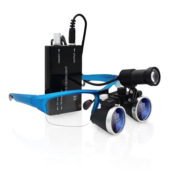 Dental Surgicial Loupe 2.5X /3.5X Magnification LED Magnifer Kit Head Magnifier with Light 16.5" (420mm) Working Distance Burgundy Goggles (2.5X, Blue)