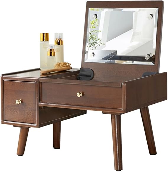 Bay Window Dressing Table, Solid Wood Dressing Table, Multifunctional Small Dressing Table in Bedroom, Dressing Table with Flip Mirror and Drawer