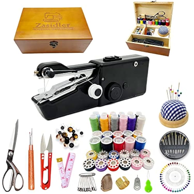 Handheld Sewing Machine with Elegant Wooden Sewing Box and 153-Piece Sewing Kit, Mini Portable Cordless Hand held Sewing Device, Perfect for Adults, Beginners, and Quick Home Repairs