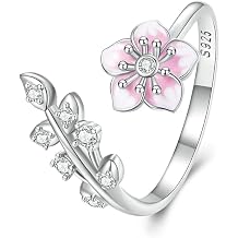 Adjustable Cherry Blossom Leaf Ring S925 Sterling Silver - Hypoallergenic CZ Crystal Pink Flower Jewellery for Women Girls, Promise & Engagement Rings UK Size O-S