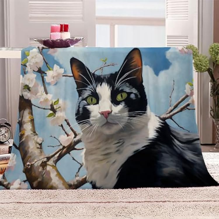Black & White Cat Throw Blanket, Cow Cat Fleece Blanket for Couch Bed Sofa, Spring Blossoms Blankets and Throws, Animal Paintings Super Soft Cozy Plush Flannel Blanket 40x50, Decor & Gift