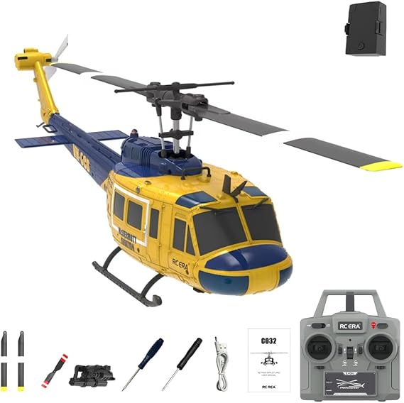 RC ERA C032 UH-1 Huey RC Helicopter for Adults, 1/48 Scale 6CH Remote Control Helicopter with 6-Axis Gyro, Altitude Hold & One-Key 3D Inverted Flight - Yellow,1 Battery