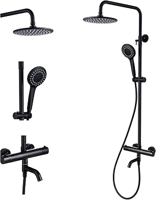 Thermostatic Shower System Matte Black,Wall Mount Triple Function Brass Thermostatic Shower Valve,with 8 inches Shower Head Bathroom Adjustable Hand Spray Rainfall Shower Faucet