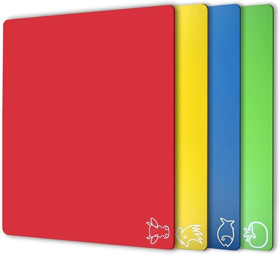 Fotouzy Plastic Cutting Board Flexible Mats with Food Icons, Set of 4, Upgrade 100% Anti-Skid Back, BPA-Free, Non-Porous, Dishwasher Safe, Rainbow Colors