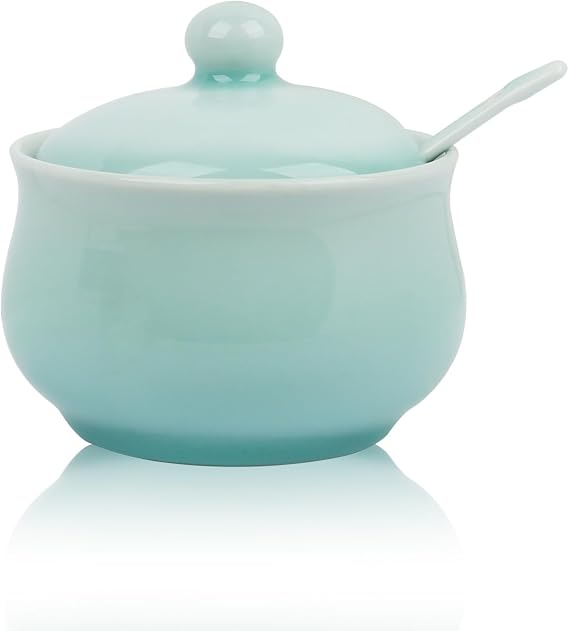 Porcelain Salt Cellar with Lid and Spoon, 4.4 oz Salt Container Sugar Bowl for Spice & Seasonings, Elegant Kitchen Counter Decor, Chinese Celadon (Ivory Blue)