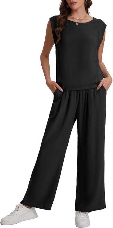 Bloggerlove Womens Summer 2 Piece Outfits Sleeveless Tank Top Wide Leg Pants Linen Jumpsuits Lounge Matching Beach Sets