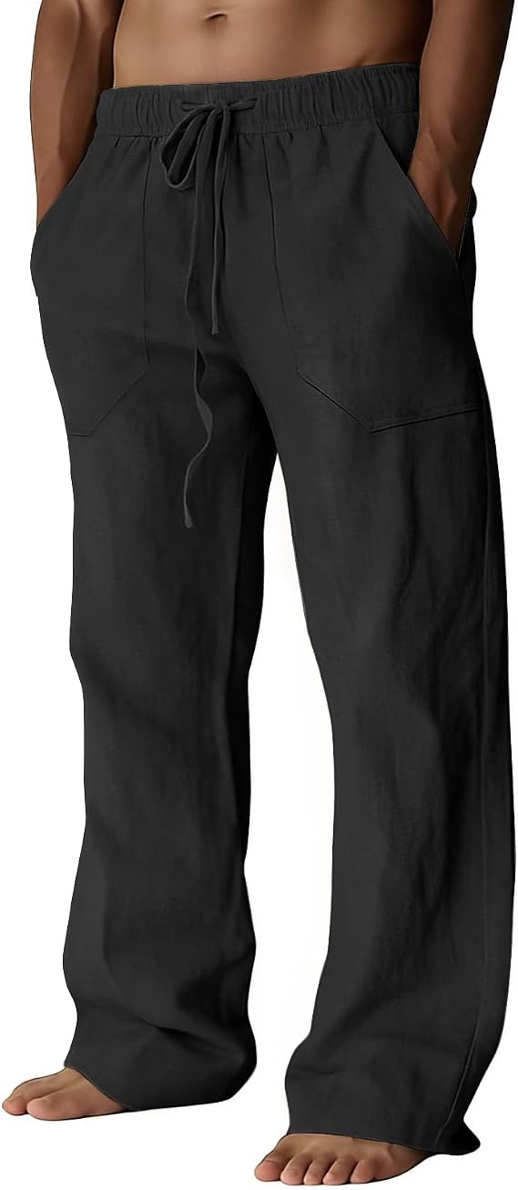 Puimentiua Cotton Linen Pants Men Casual Loose Fit Summer Beach Pants