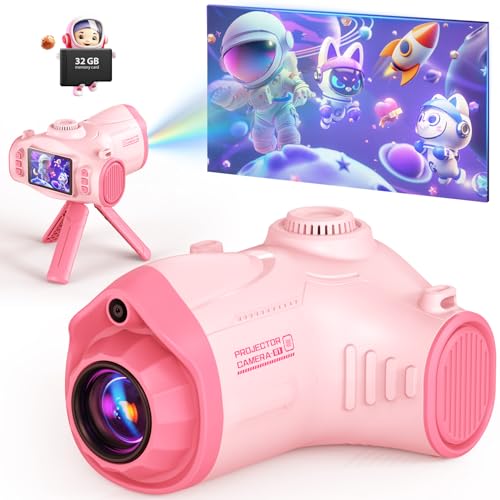 Kids Camera with Projector, Big Screen 1080P Photography Kids Recorder with Tripod, Lanyard, 32GB Kids Video Vlogging Camera for Age 3-12, Christmas Birthday Gifts Toys for Boys Girls, Pink