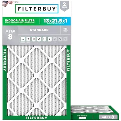 Filterbuy 13x21.5x1 Air Filter MERV 8 Essential Dust & Allergy Defense 2-Pack, Electrostatic Pleated HVAC AC Furnace Filters Replacement, Made in USA Actual Size: 12.88 x 21.50 x 0.75
