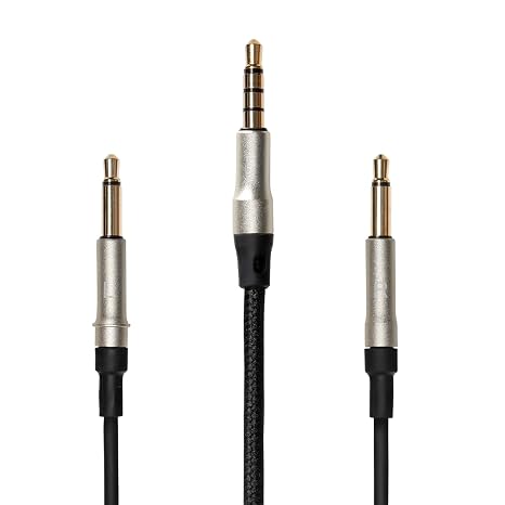 MEZE AUDIO | 1.8m Cable with Mic & Remote for 99 NEO & 99 Classics Walnut Silver | 3.5mm Male to Dual TS Mono 3.5mm Male Connector Plug | Kevlar Reinforced Fabric | Oxygen-Free Copper