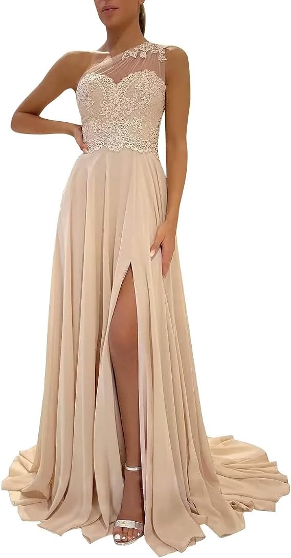 One Shoulder Chiffon Bridesmaid Dresses for Wedding 2026 Lace A-Line Slit Formal Evening Party Gown with Pockets