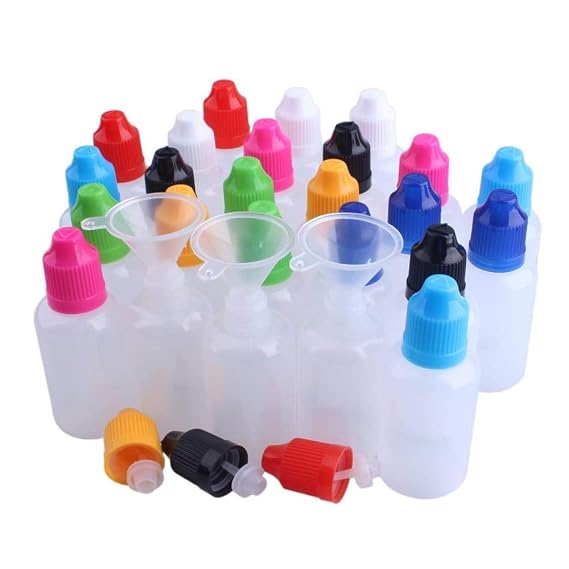 NANSHINE 10PCS 100ML LDPE Plastic Liquid Water Tip dropper Squeezable Eye Dropper Empty Bottles with Child Resistant Cap (Bottles + Mixing Color Caps + Tips+Funnel)
