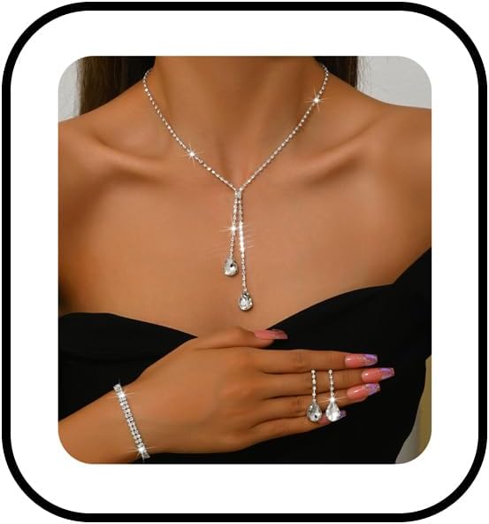 MIFYNN Rhinestone Wedding Set for Women Sparkle Crystal Earrings Necklace Bracelet Jewelry Set Wedding Party Prom Jewelry Set for Brides Bridesmaid