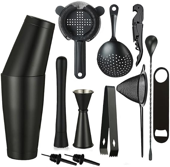 Cocktail Shaker Set - 13-Piece Bar Accessories Kit w/Weighted Boston Shaker, Strainer, Jigger, Muddler,Mixing Spoon and More - Home Bartending Tools, Accessories for Bartender, Matte Black