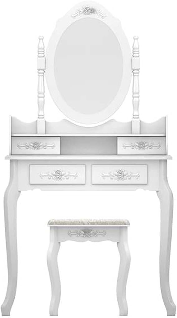 Makeup Vanity for Girls, Vintage Makeup Vanity Desk Wooden Dresser with Mirror and 4 Drawers Small Dressing Table with Padded Stool