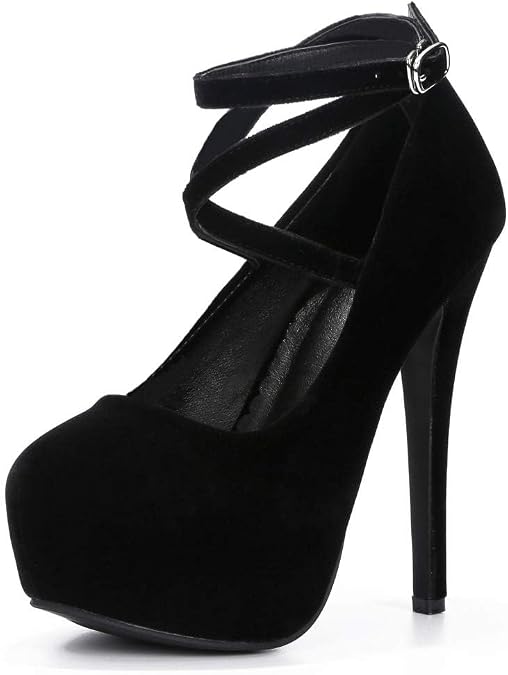Women's Platform High Heel Pumps with Criss Cross Ankle Strap, Closed Toe, Dress Shoes