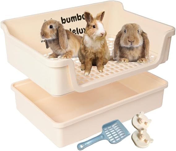 HoppScotch.bun Bumbox Deluxe Rabbit Litter Box, Extra Large 21.45" Training Cage with Toilet Tray for Small Animals, Cream