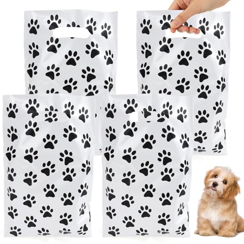 Dog Paw Gift Bags Bulk, 100 Pcs Plastic Pet Paw Treat Bags, Cute Dog Paws Print Candy Goodie Bag with Handle for Shopping Baby Shower Puppy Birthday Party Decorations Supplies, Black and White