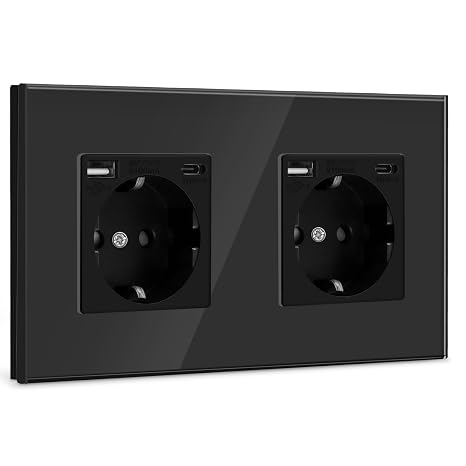 BSEED USB Double Socket Black with USB Port (Max. 2.1 A) Type-C Port Flush-Mounted Glass Earth Contact Socket Charger for Mobile Phones Laptops etc.