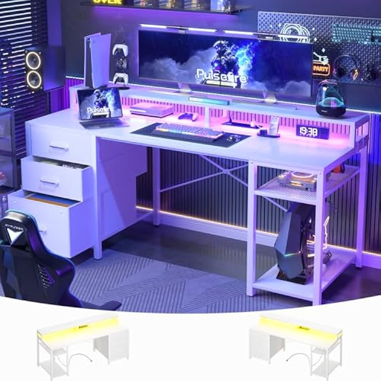 Aheaplus Gaming Desk with LED Lights and Power Outlets, 59 inch Computer Desk with Fabric File Drawers, Home Office Desk with Monitor Stand and Storage Shelves, White