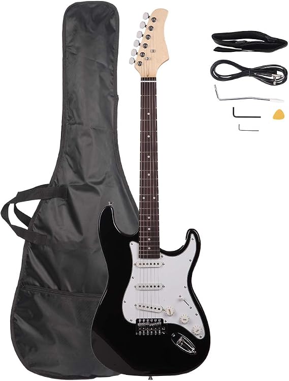 Full Size Electric Guitar Kit,39 Inch Beginner Electric Guitar,Complete Electric Guitars Set with Bag, Strap, Power Cord, Wrench Tool,Tremolo Bar and Picks,Black and White