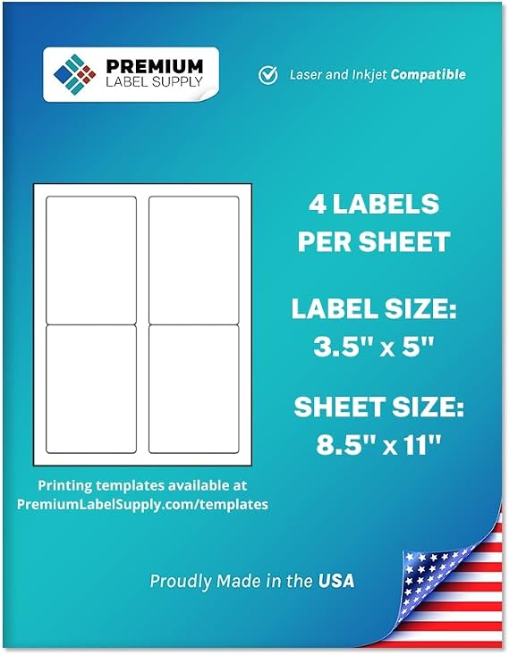 Premium Label Supply White Sticker Mailing/Shipping Labels 3.5" x 5" Laser/Inkjet Compatible (4 per Sheet), 100 Sheets - 400 Total Adhesive Labels