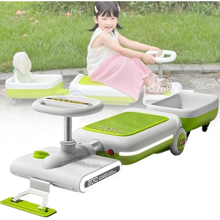 Kids Electric Go Kart, Kids Cleaning Car, Retractable Portable Go Carts with a Trailer Lights Music, Ride On Mop Floor Wiggle Car for 3-10,Green