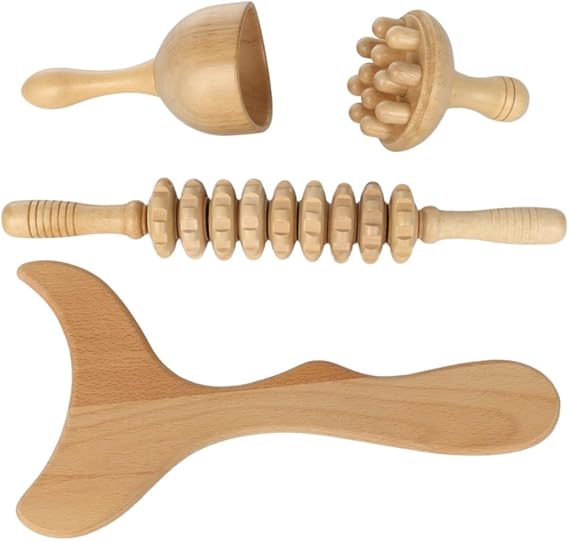 Wooden Massage Tools for Body Sculpting, Wood Maderoterapia Kit with Roller Stick, Mushroom Massager, Contouring Board, 4 Pcs Cup