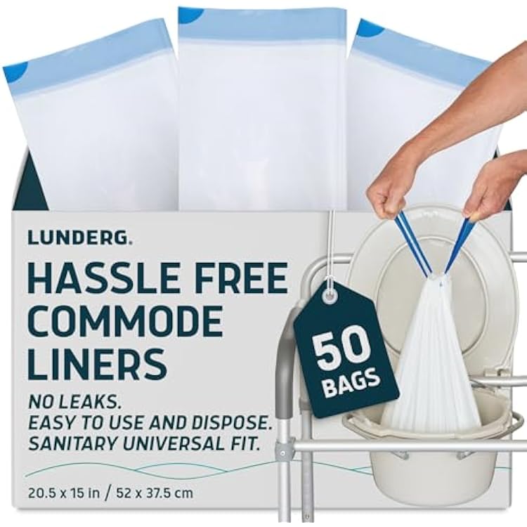 Lunderg Commode Liners - Value Pack 50 Count Universal Fit - Medical Grade Bedside Commode Liners Disposable for Adult Commode Chair, Portable Toilet Bags or Camping Toilet Bags