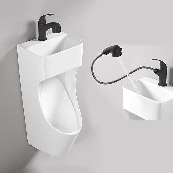Universal Washout Top Spud Urinal, Urinal Wall Mount, with Wash Basin and Faucet, Commercial Washout Urinal for Men, Ceramic Urinals, High Efficiency Urinal(Black)