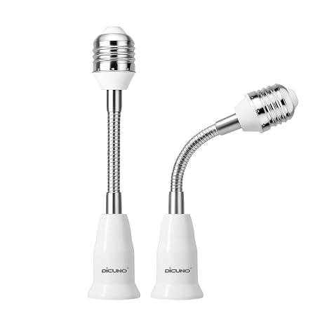 DiCUNO E26 Light Socket Extender 6.1'', Flexible Extension Adapter, 2-Pack | E26 Bulb Extender Socket with Flexible Gooseneck, All-Directional Adjustable, Standard Light Bulb Socket Extension Converter