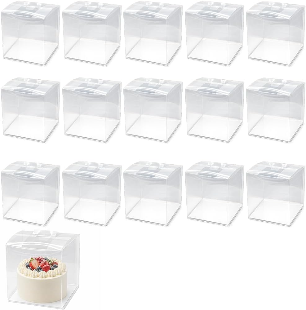 Clear Cake Box with Base, 15PCS Transparent Cake Box for 4, 5, 6 Inch Cakes, Sturdy Cupcake and Gift Box, Reusable and Portable Cake Container for Parties, Baking, and Celebrations